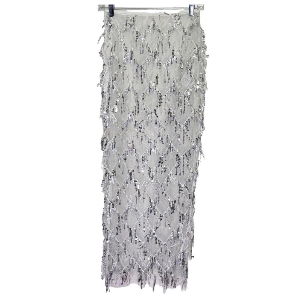 NWT AXX Womens Sequin Fringe Midi Skirt Sheer Mesh Tassel Side Slit Silver XXL - Picture 5 of 8